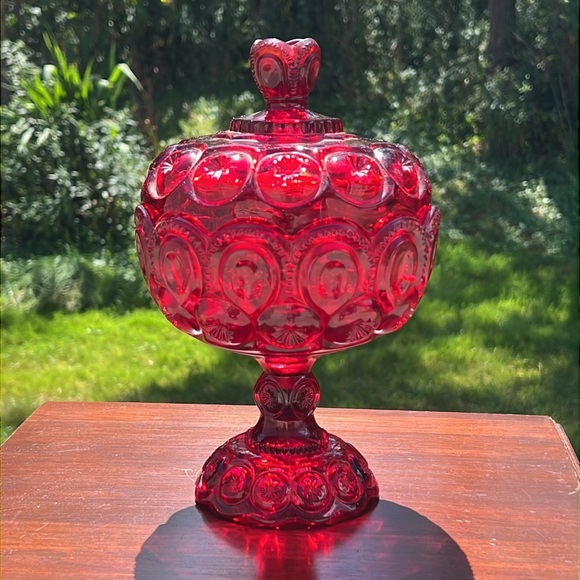 Vintage LE Smith Large Ruby Red Glass Moon and Star Pedestal Candy Dish - Picture 2 of 11